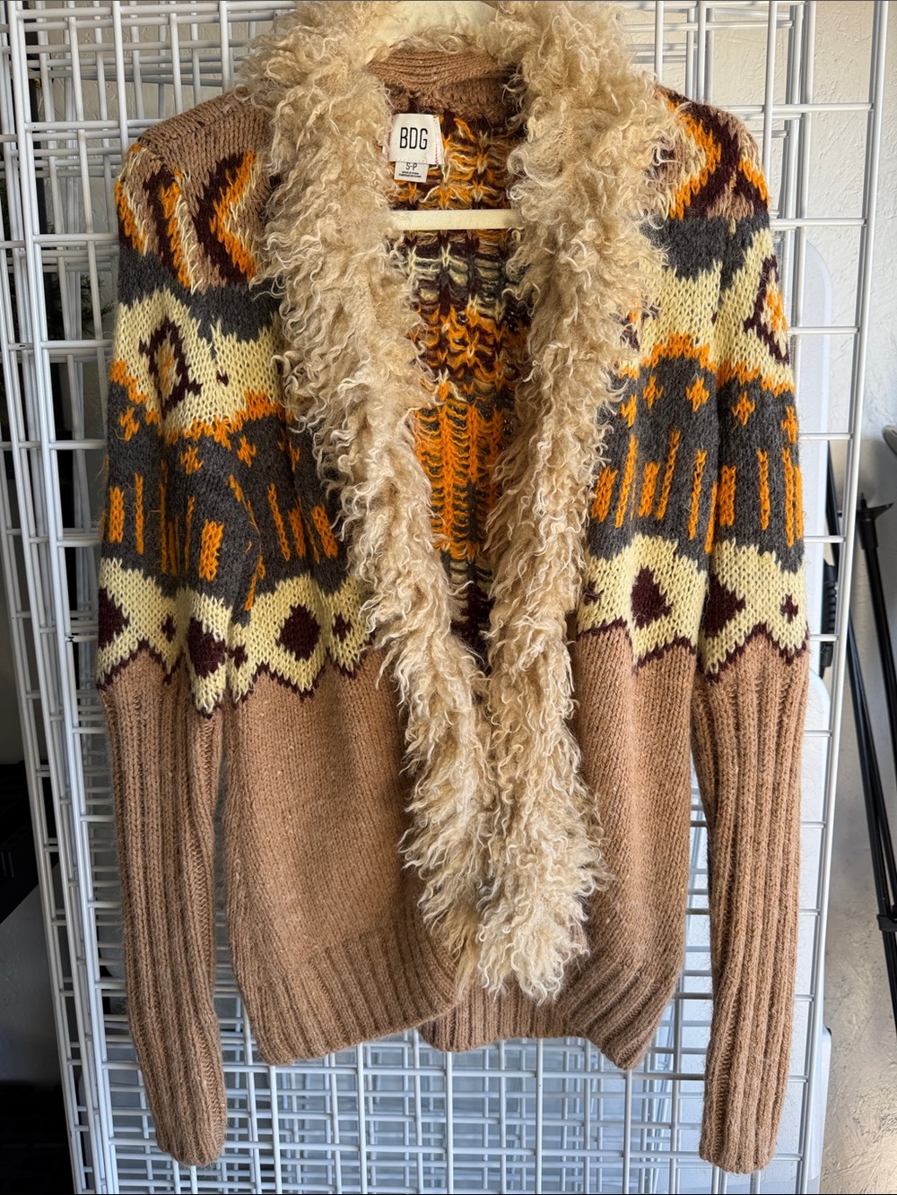 BDG Brown and Cream Patterned Faux-Shearling Cardigan with Orange Accents